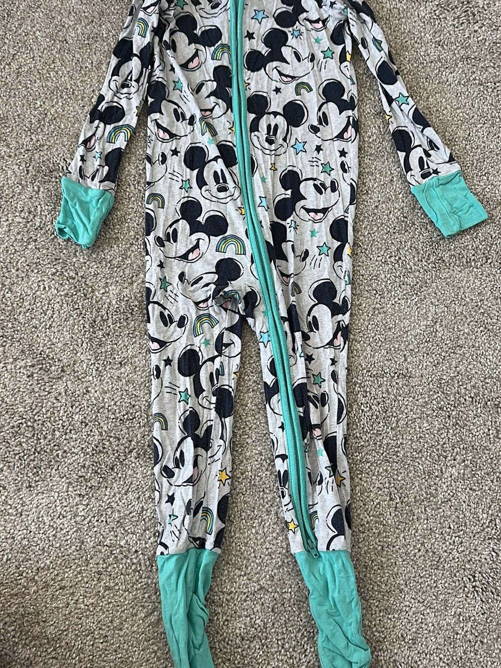 Little Sleepies Gray Mickey Mouse Footed One-Piece with Teal Trim